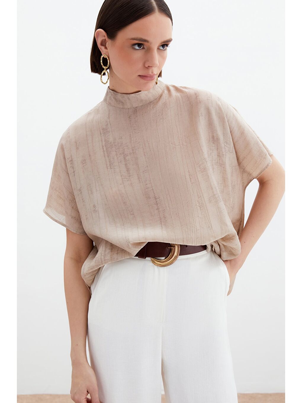 Desenli Salaş Bluz - Bej-2