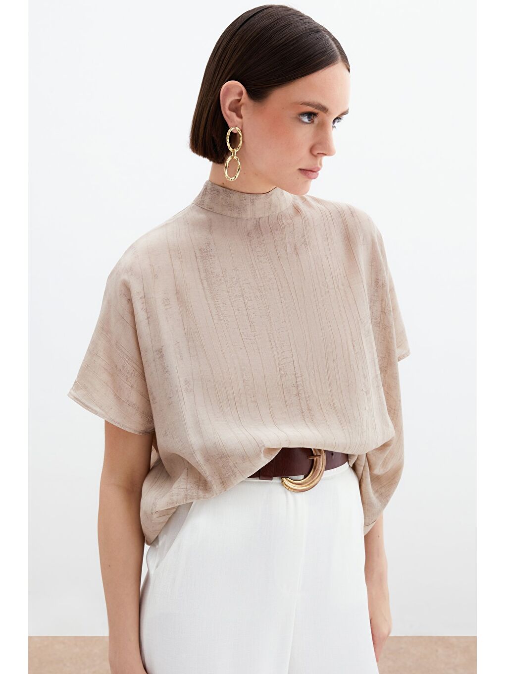 Desenli Salaş Bluz - Bej-3