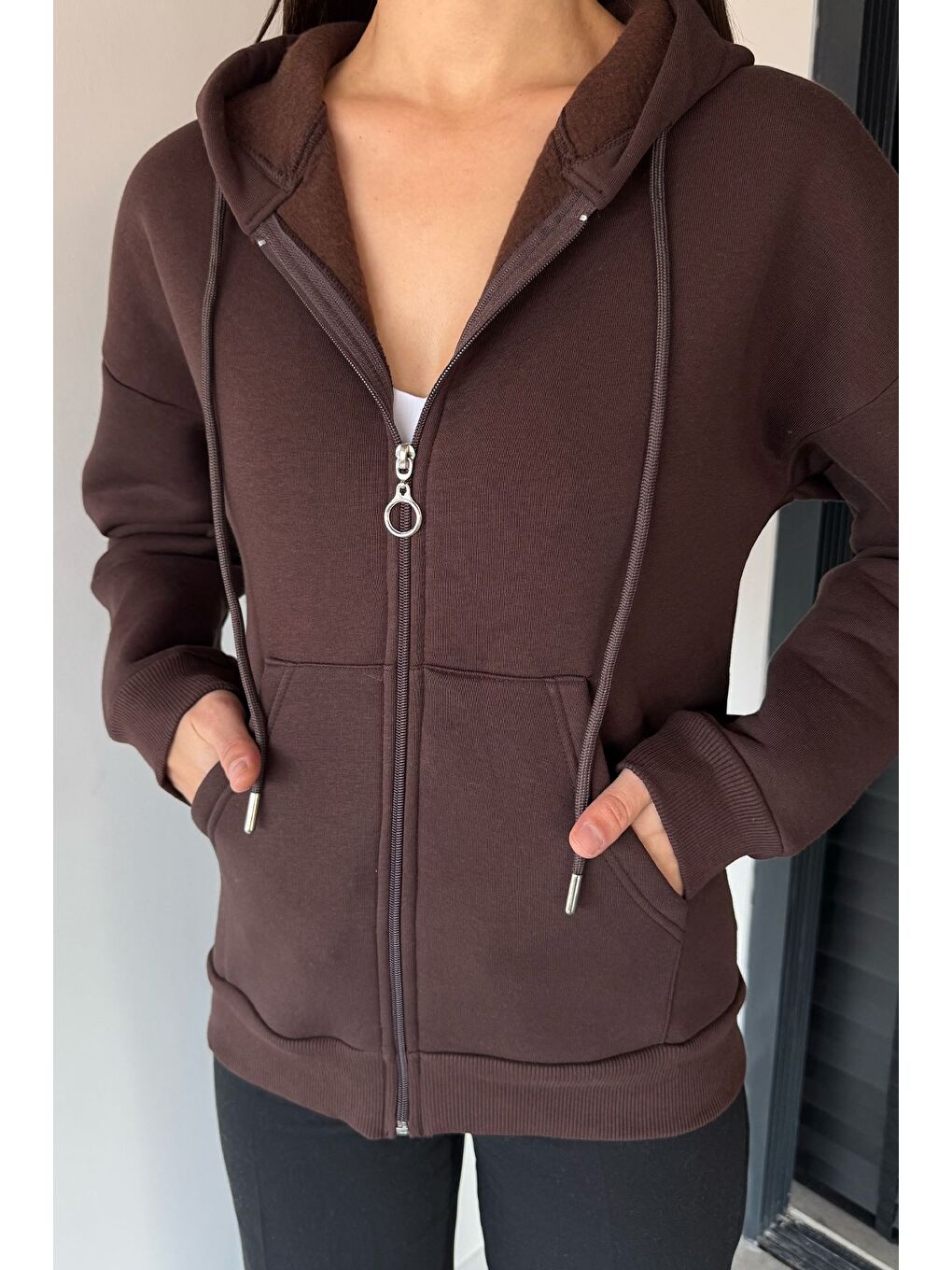 Kahverengi Kadın Üç İplik Şardonlu Kapüşonlu Sweatshirt-2