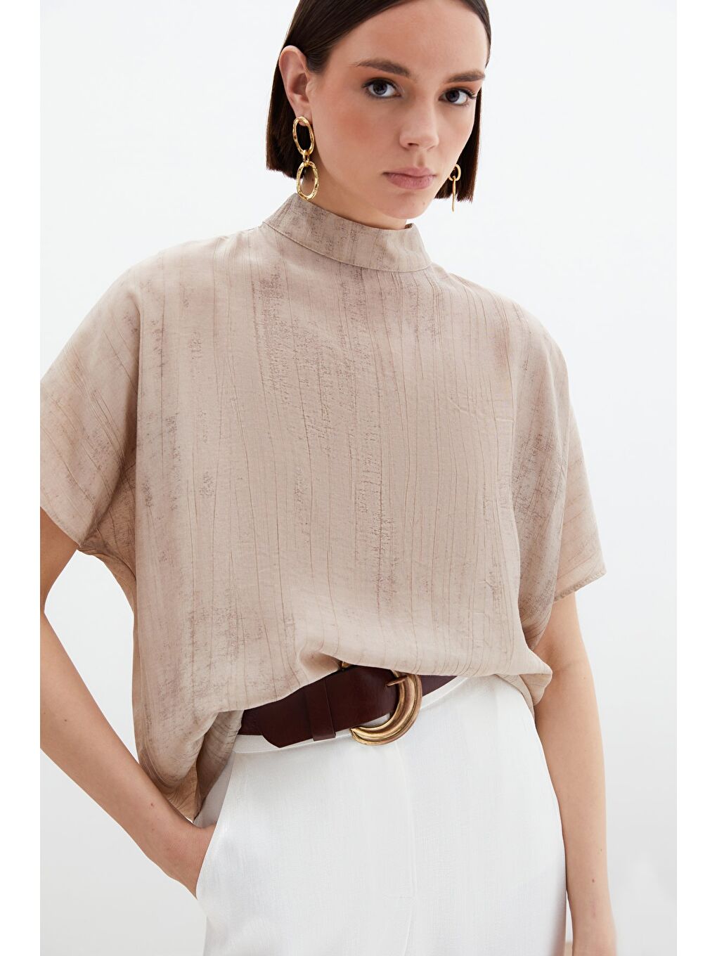 Desenli Salaş Bluz - Bej-4