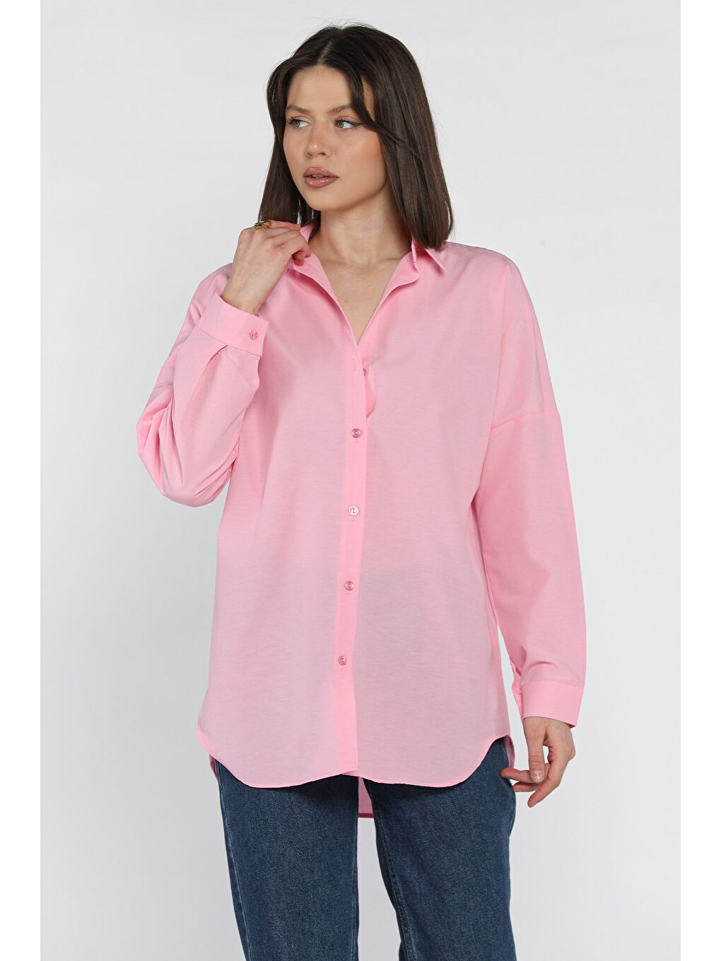 Pembe Kadın Uzun Kol Basic Gömlek-1