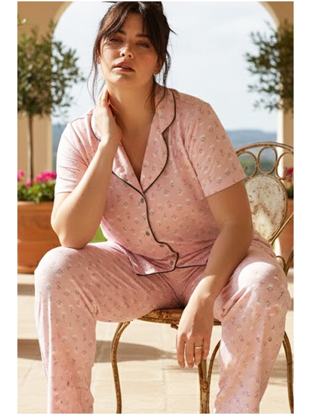 Pembe Büyük Beden Battal Boy Düğmeli Biyeli Viskon Örme Pijama Takım 26120963