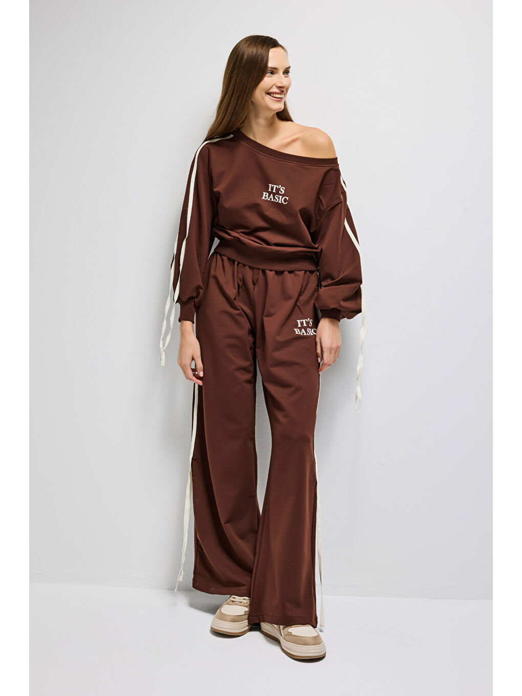 Kadın Kahverengi w5-16 Sweatshirt Eşofman Pantolon 2'li Alt Üst Tasarım Takım-3