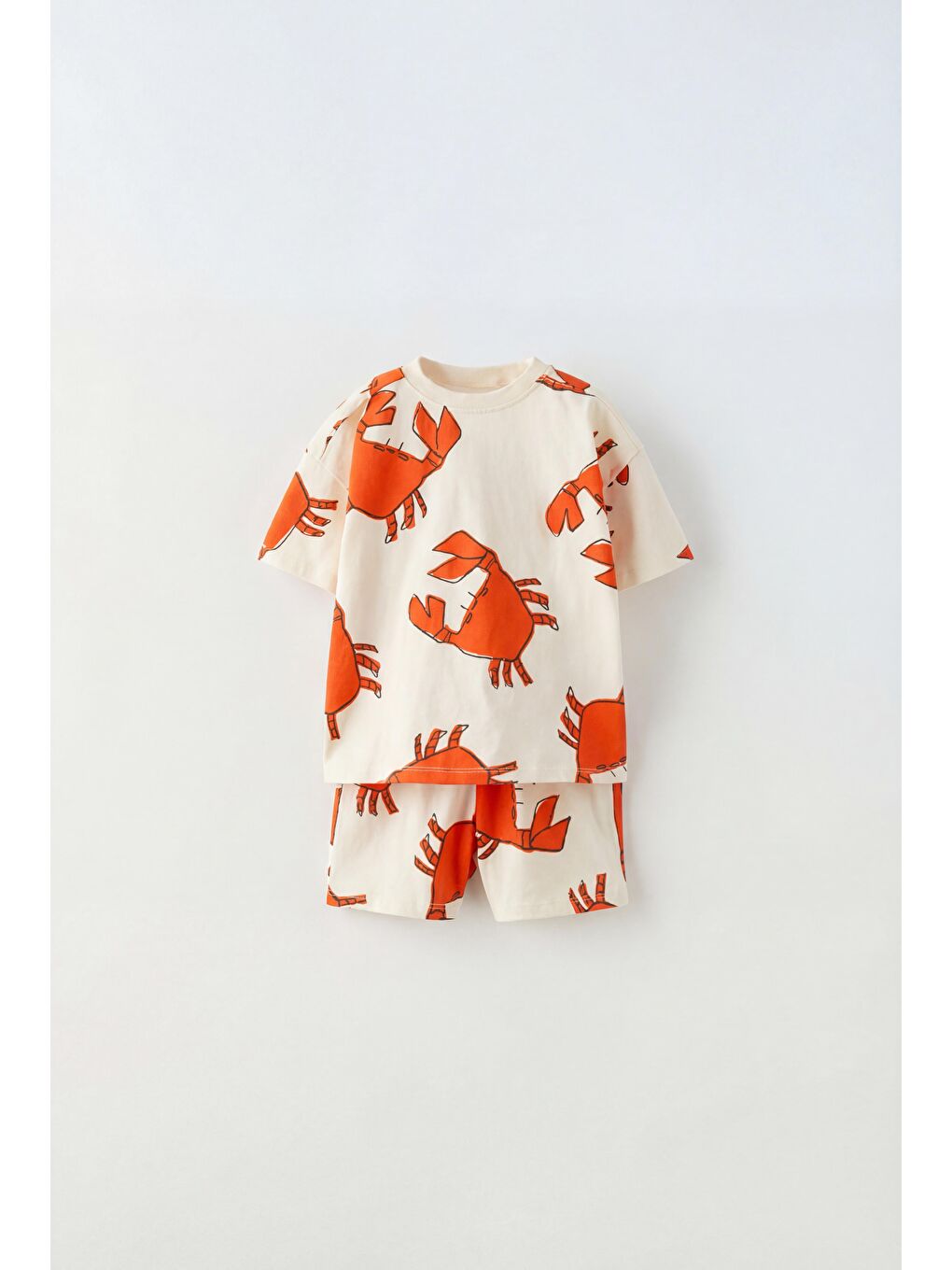Karışık Erkek Çocuk Pamuklu Ekru Yengeç Desenli T-Shirt Şort Takım