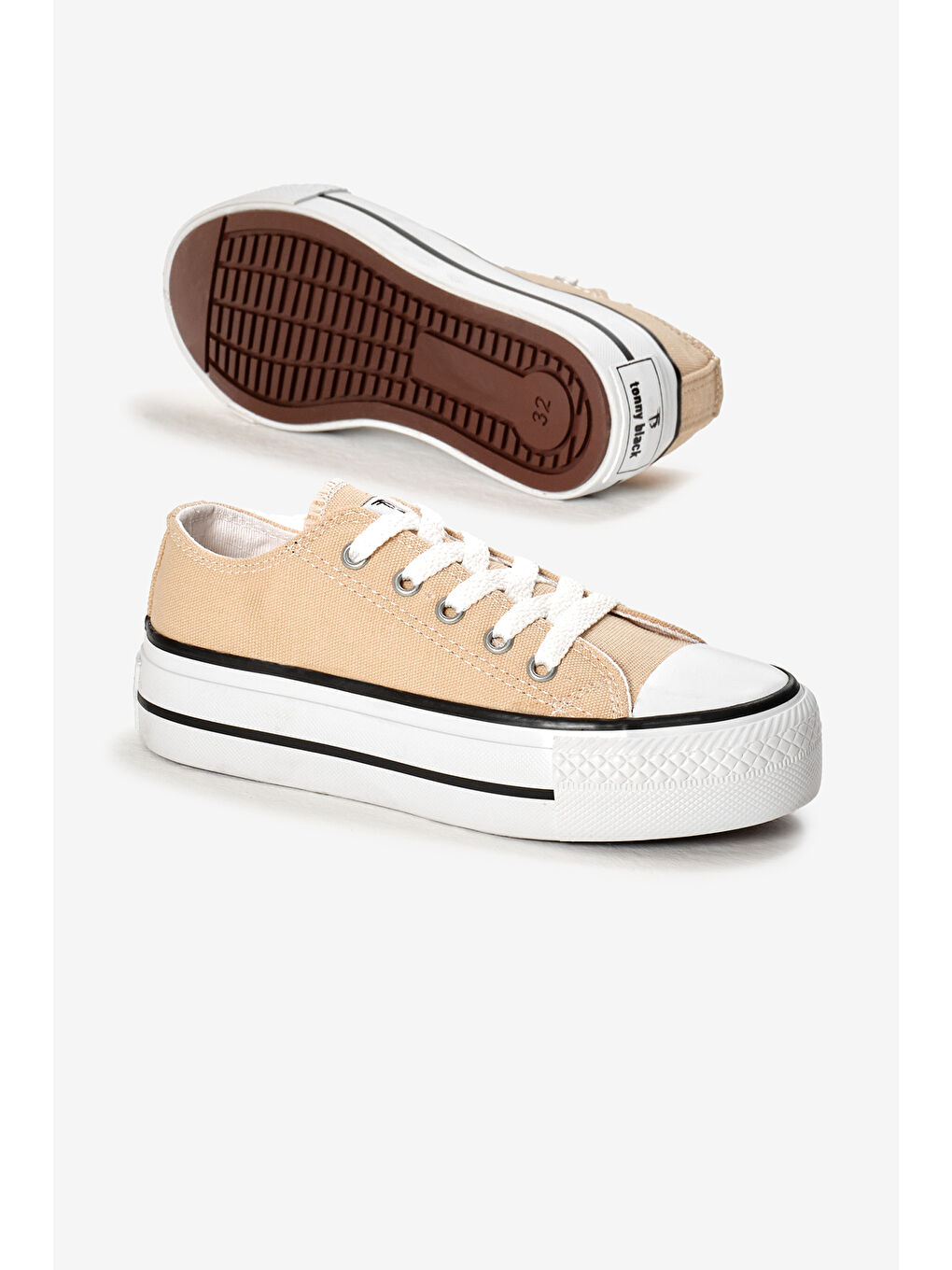 Çocuk Unisex Bej Termo Kalın Taban Bağcıklı Keten Spor Ayakkabı-3