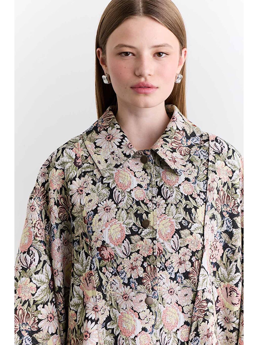 Pembe Jakarlı Desenli Tasarım Ceket Pudra-7