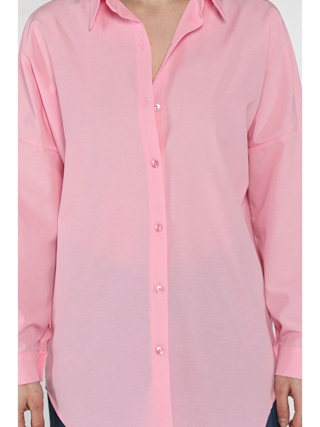 Pembe Kadın Uzun Kol Basic Gömlek-3