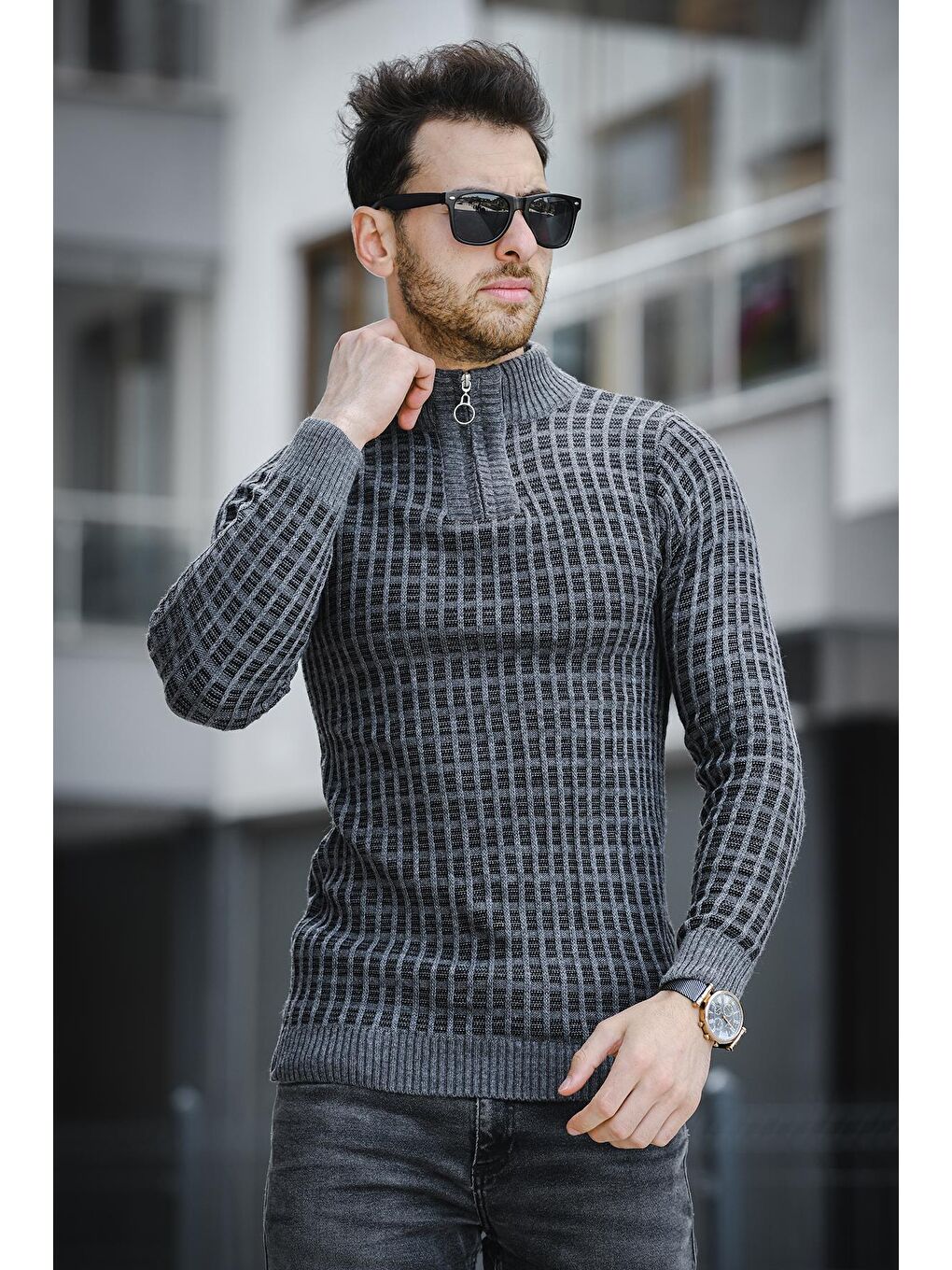 Antrasit Seka 125 Dar Kesim Body Yarım Fermuar Erkek Kazak