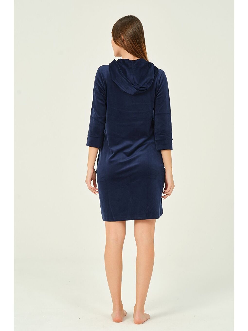 Lacivert Kadın Kapüşonlu Fermuarlı Cepli Dantel Detaylı Kadife Elbise-5