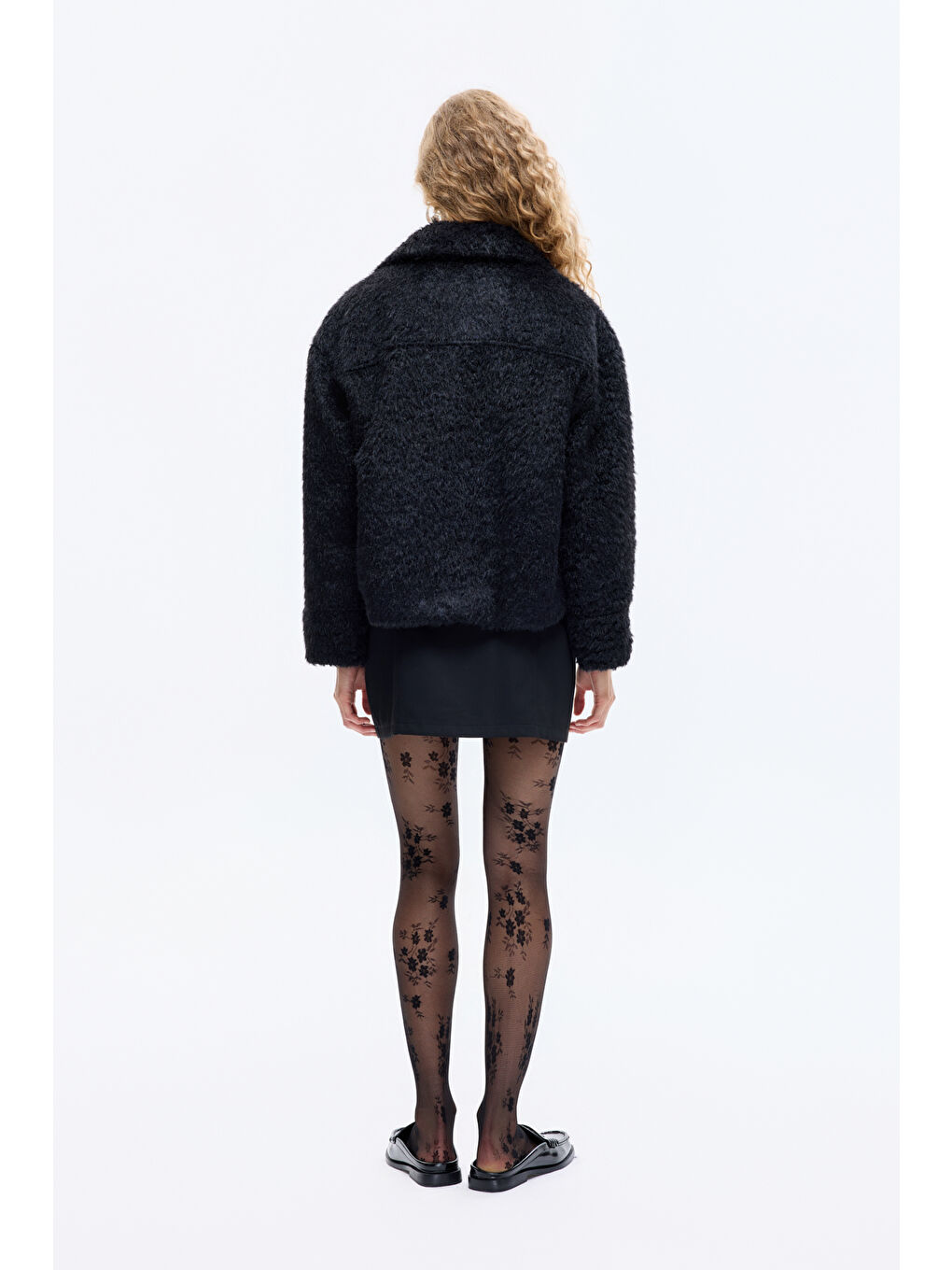 Gömlek Yaka Düğmeli Tüylü Ceket Siyah-4