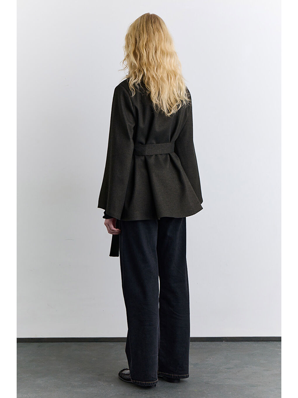 Geniş Kol Kuşaklı Ceket Haki-5