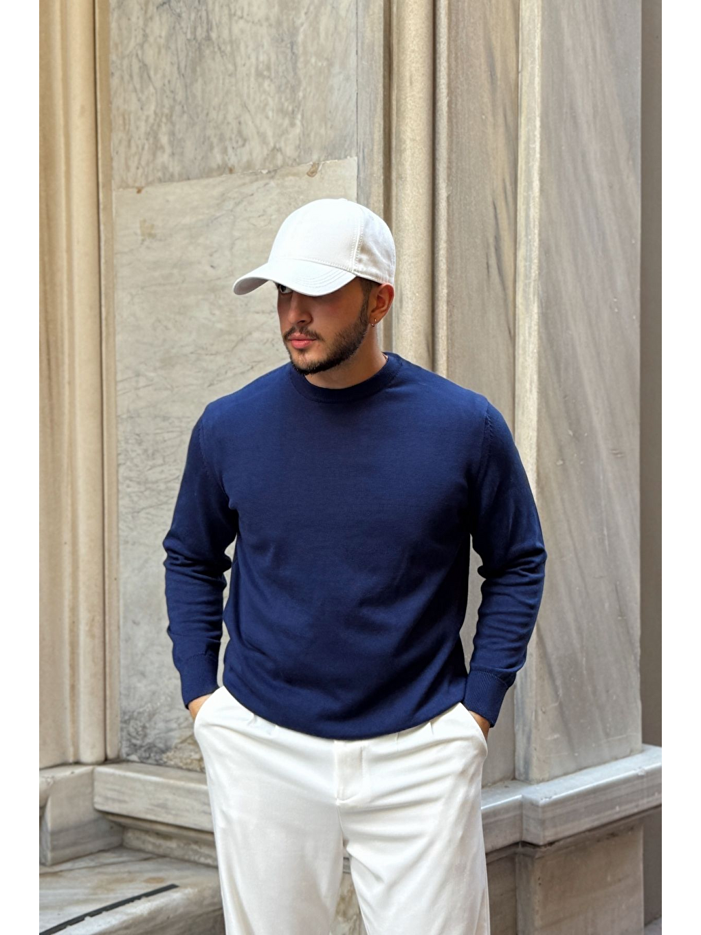 Lacivert Acton Erkek %100 Organik Pamuk Bisiklet Yaka Triko Kazak