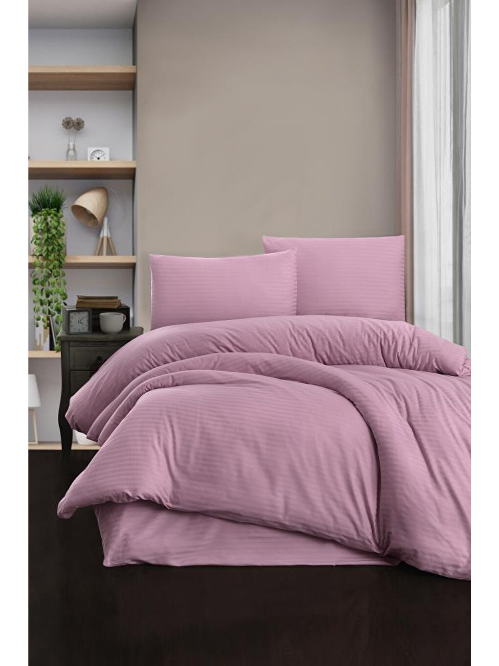 Pembe Çift Kişilik Nevresim Takımı Pamuk Çizgili %100 Pamuk 200*220 - Gül Kurusu