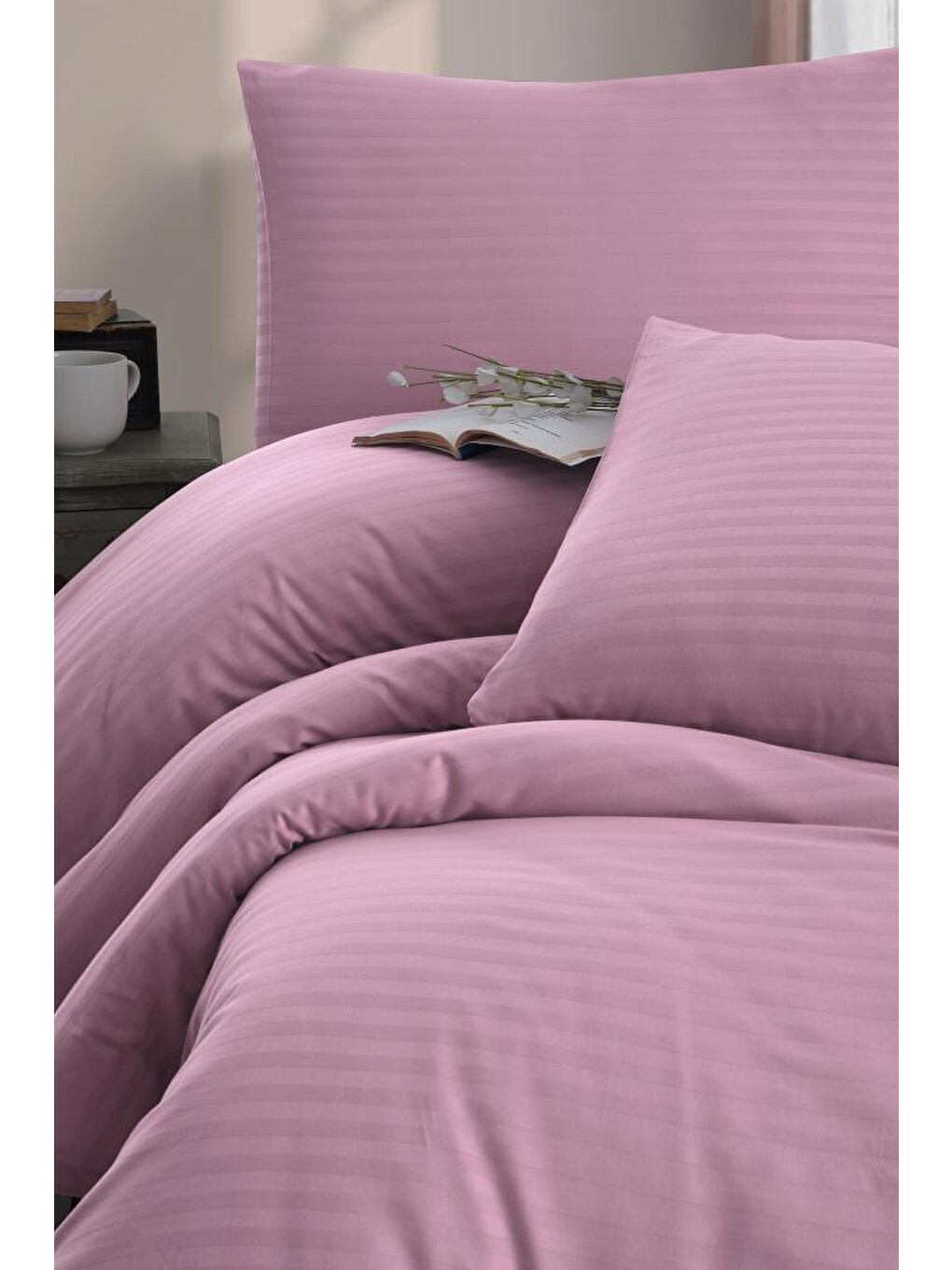 Pembe Çift Kişilik Nevresim Takımı Pamuk Çizgili %100 Pamuk 200*220 - Gül Kurusu-1