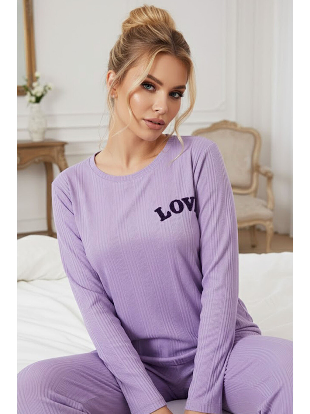 Lila Love Nakışlı Fitilli Örme Pijama Takım25226001
