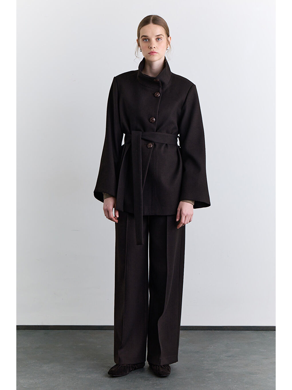 Geniş Kol Kuşaklı Ceket Kahverengi-2