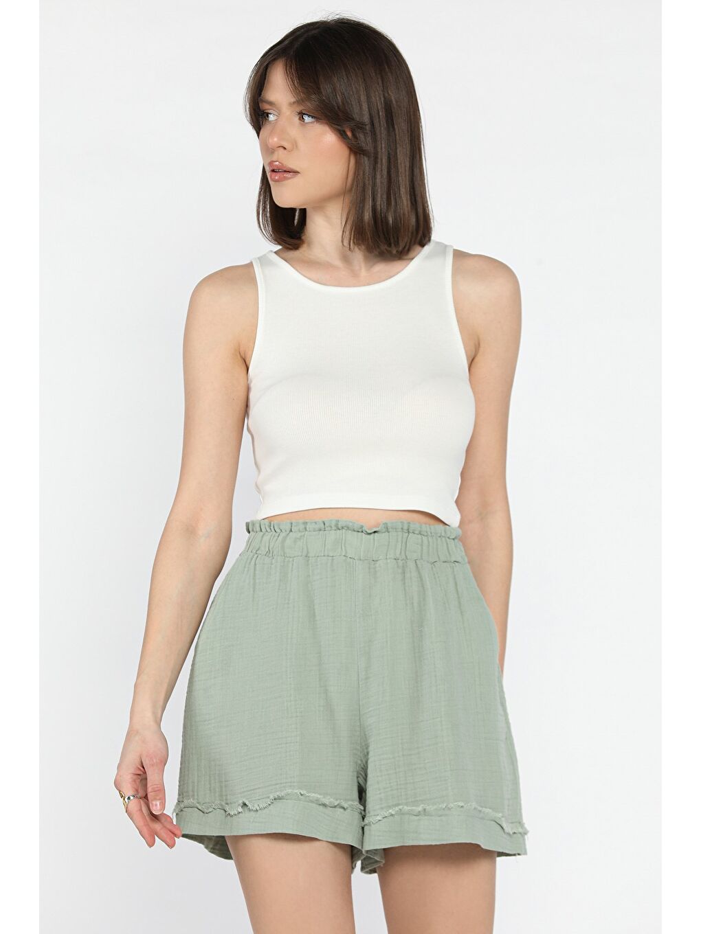 Yeşil Kadın Keten Şort-1