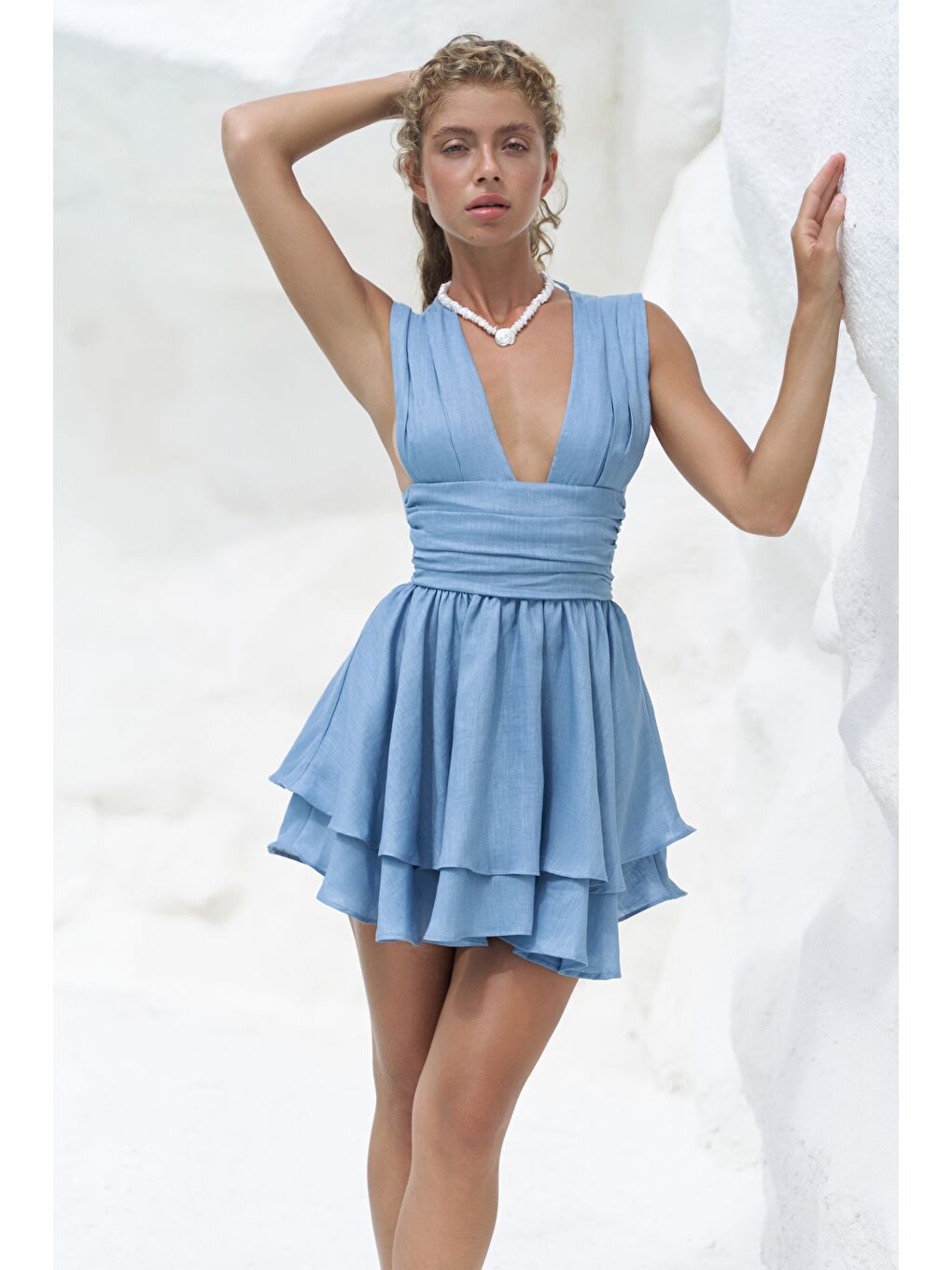 Zaneta Korsaj Detaylı Mavi Keten Mini Elbise-1