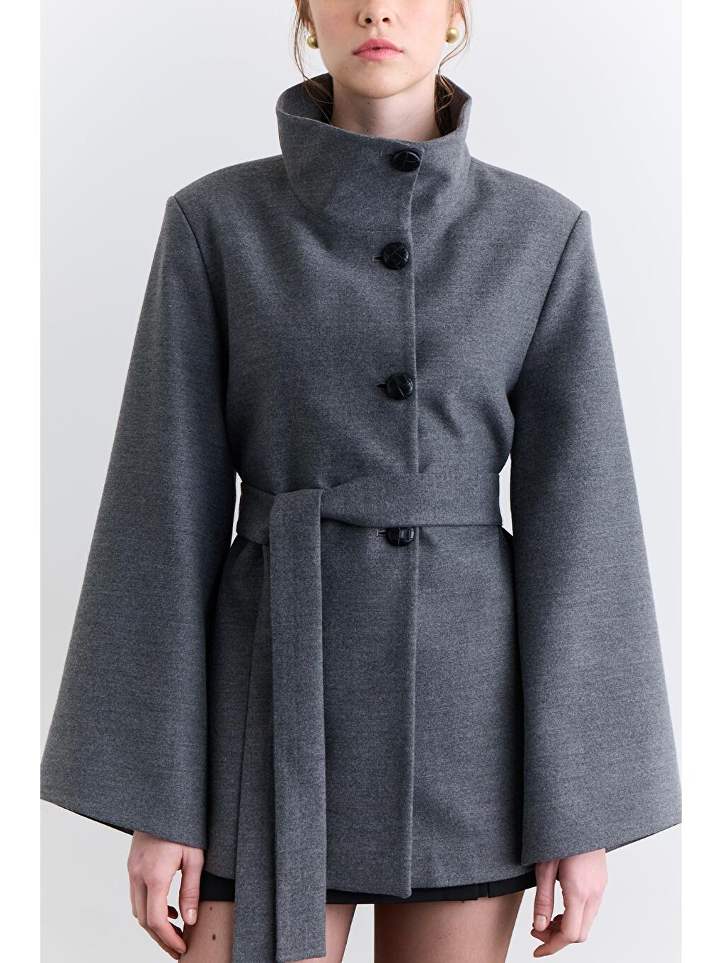 Geniş Kol Kuşaklı Ceket Gri-3