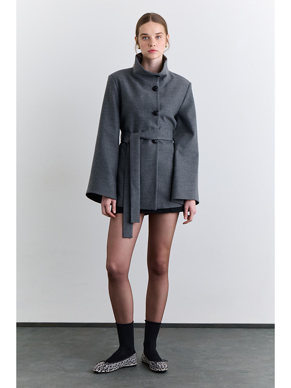 Geniş Kol Kuşaklı Ceket Gri-4