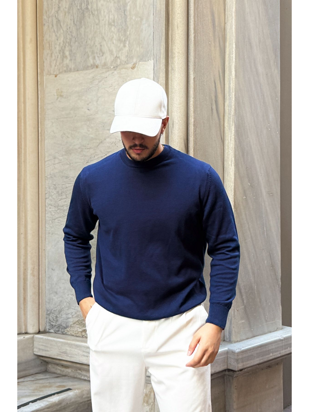 Lacivert Acton Erkek %100 Organik Pamuk Bisiklet Yaka Triko Kazak-1