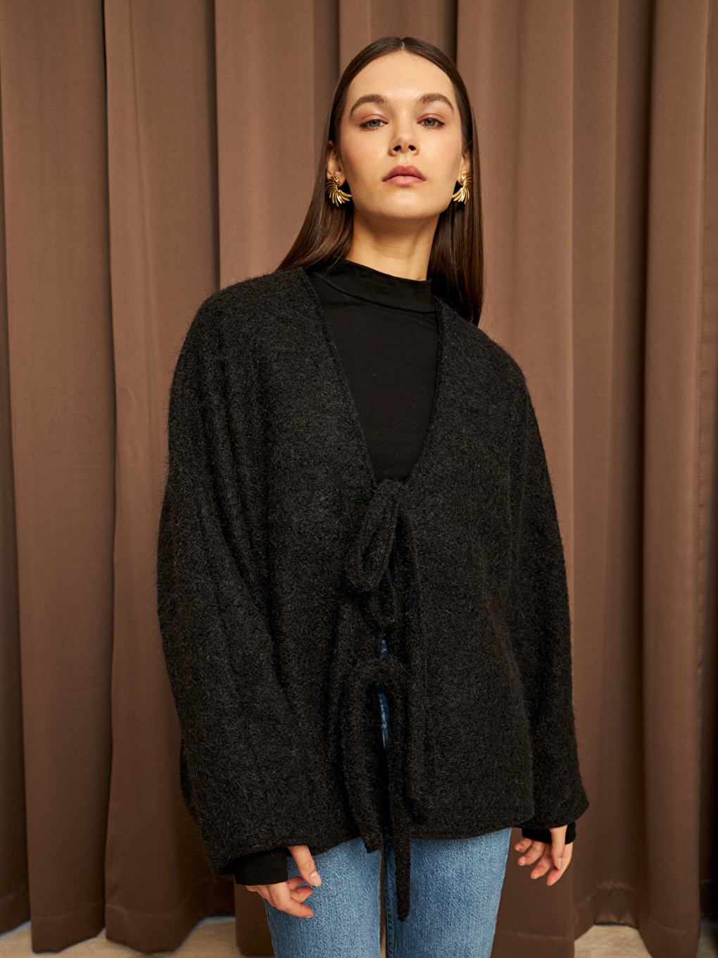 Kadın Siyah Bağcık Detaylı İthal Kaşe Ceket-3