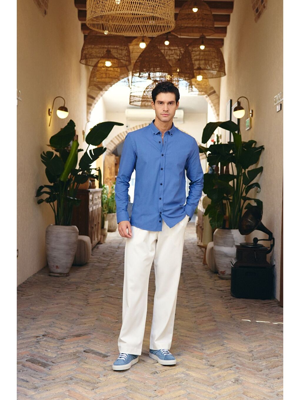 Mavi Turi Erkek Pamuk Gömlek Modern Slim Fit Keten Görünümlü Uzun Kol-1