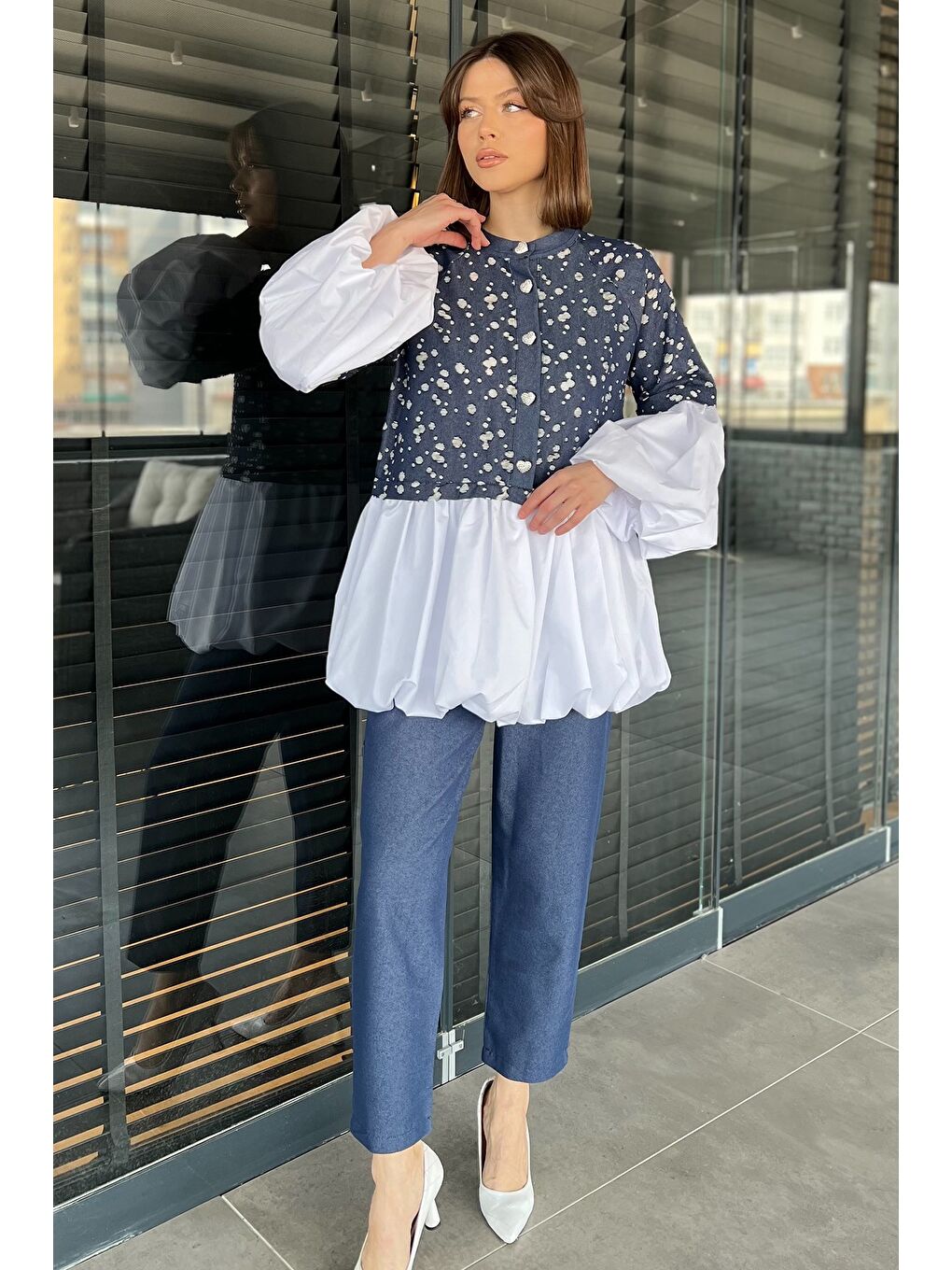 Lacivert Balon Kol Garnili Taşlanmış Tunik Pantolon Jeans İkili Takım