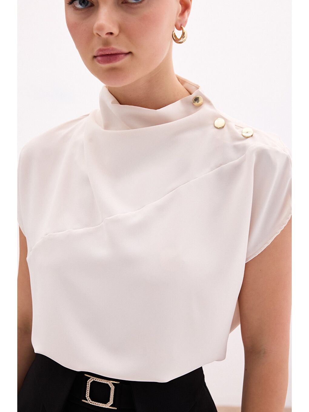 Tek Omuz Çıtçıtlı Bluz - Bej-6