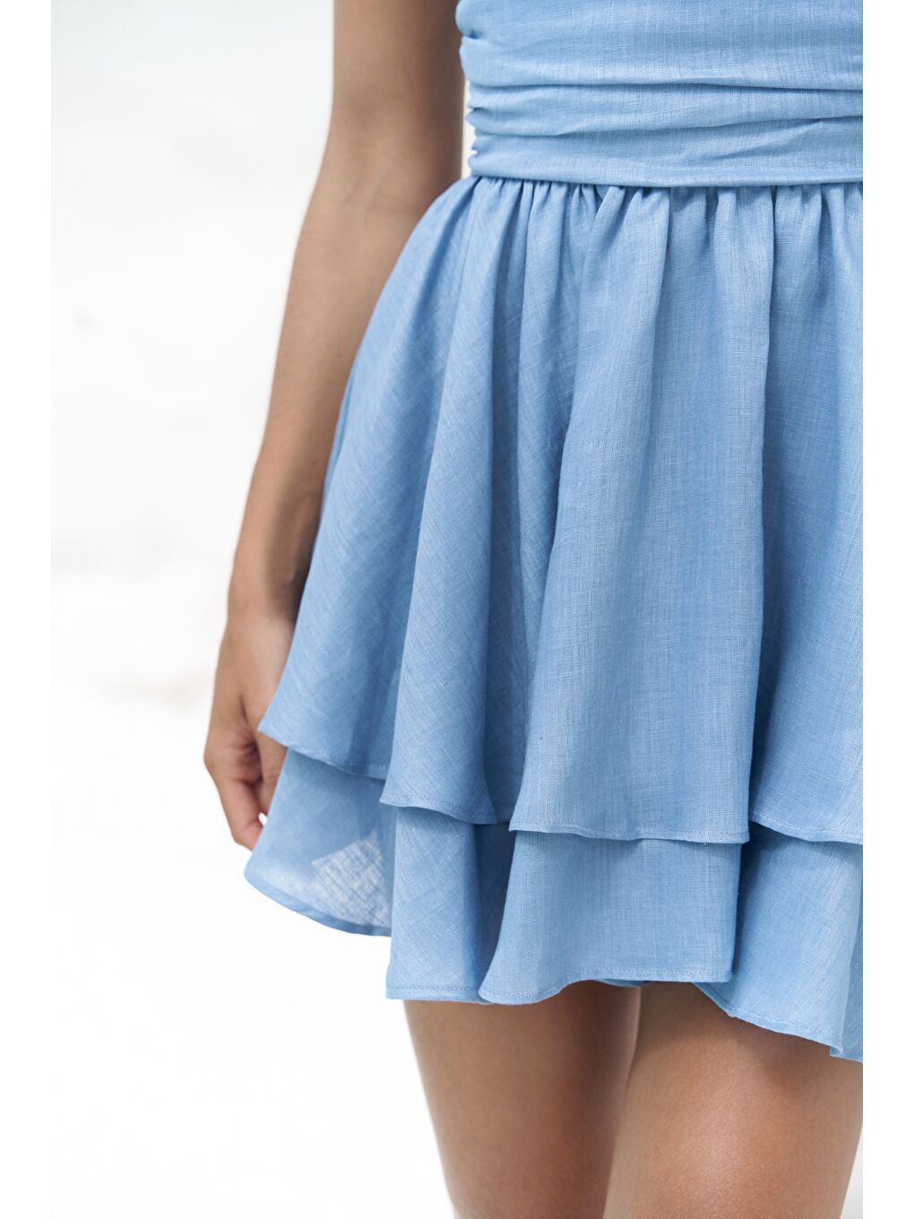 Zaneta Korsaj Detaylı Mavi Keten Mini Elbise-6