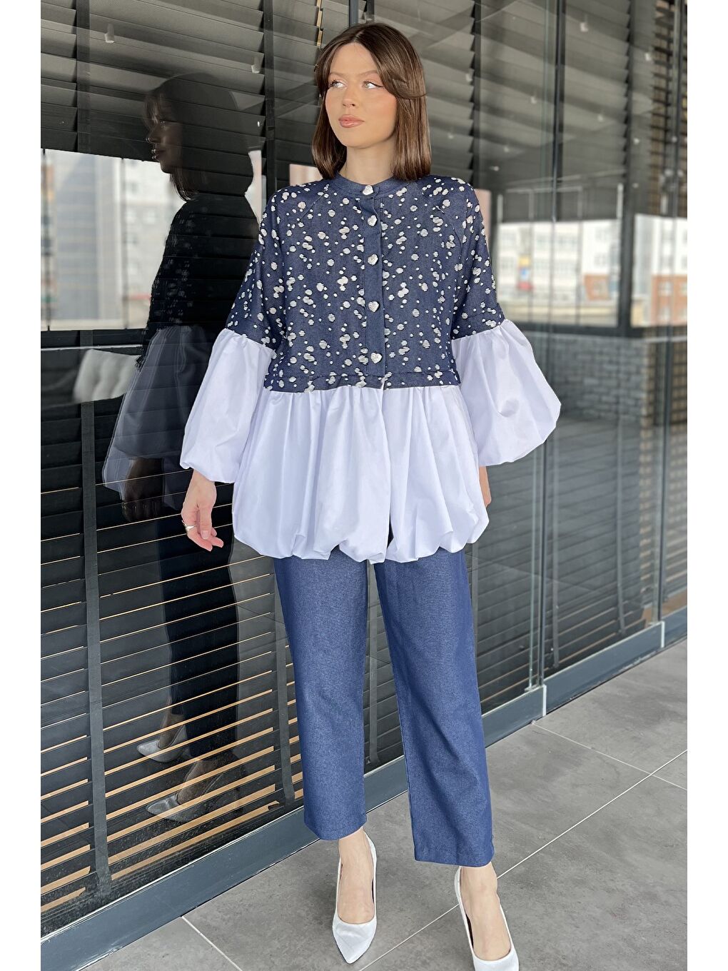 Lacivert Balon Kol Garnili Taşlanmış Tunik Pantolon Jeans İkili Takım-1