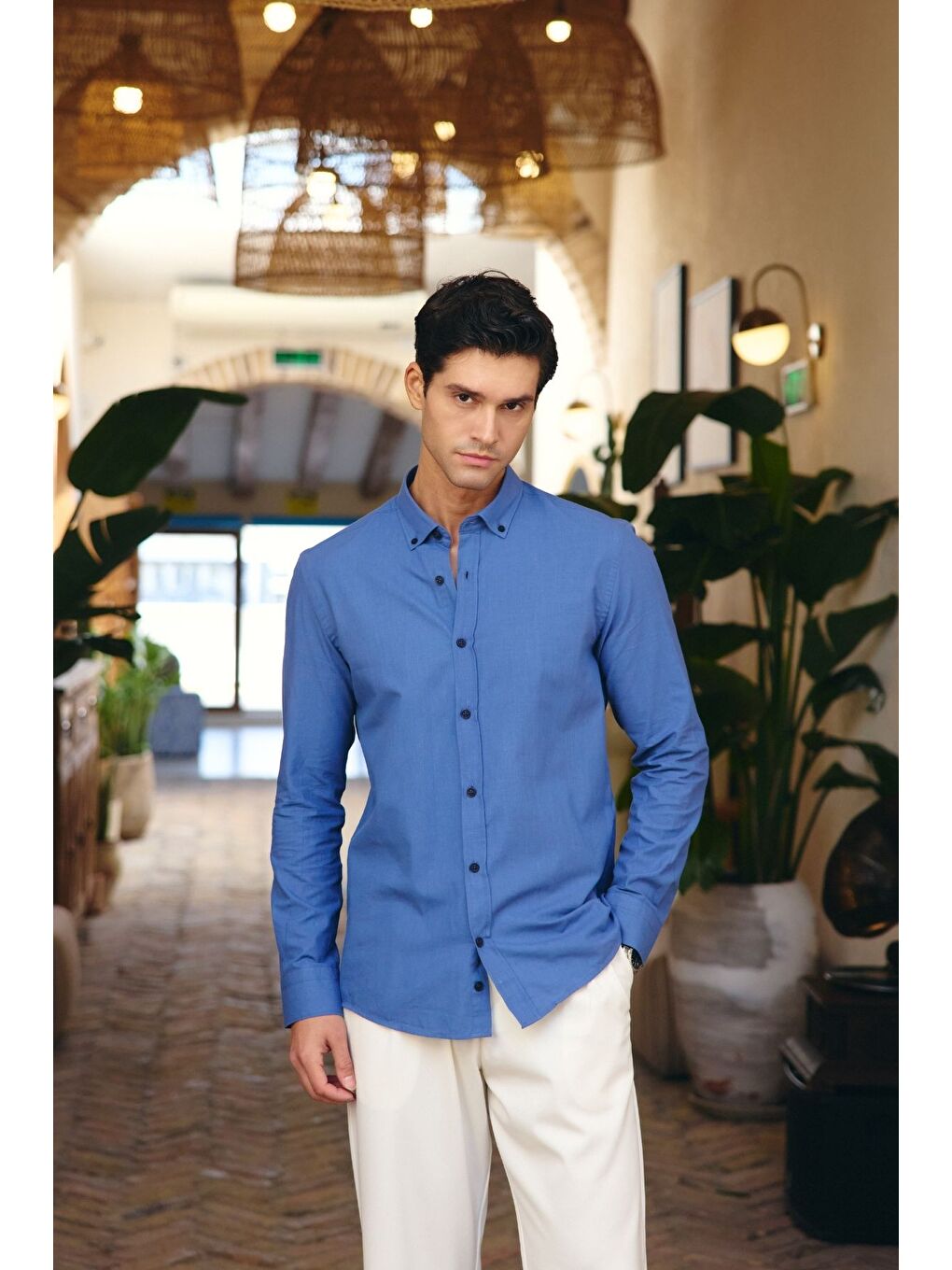 Mavi Turi Erkek Pamuk Gömlek Modern Slim Fit Keten Görünümlü Uzun Kol-2