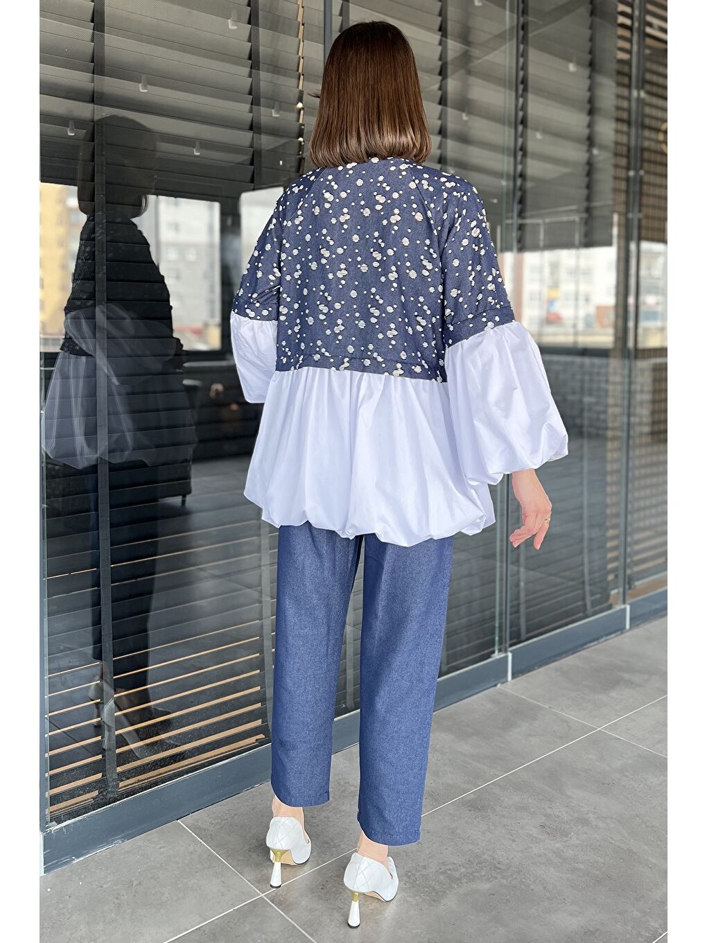 Lacivert Balon Kol Garnili Taşlanmış Tunik Pantolon Jeans İkili Takım-2