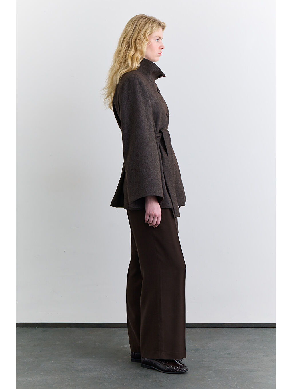 Bej Geniş Kol Kuşaklı Ceket Vizon-4