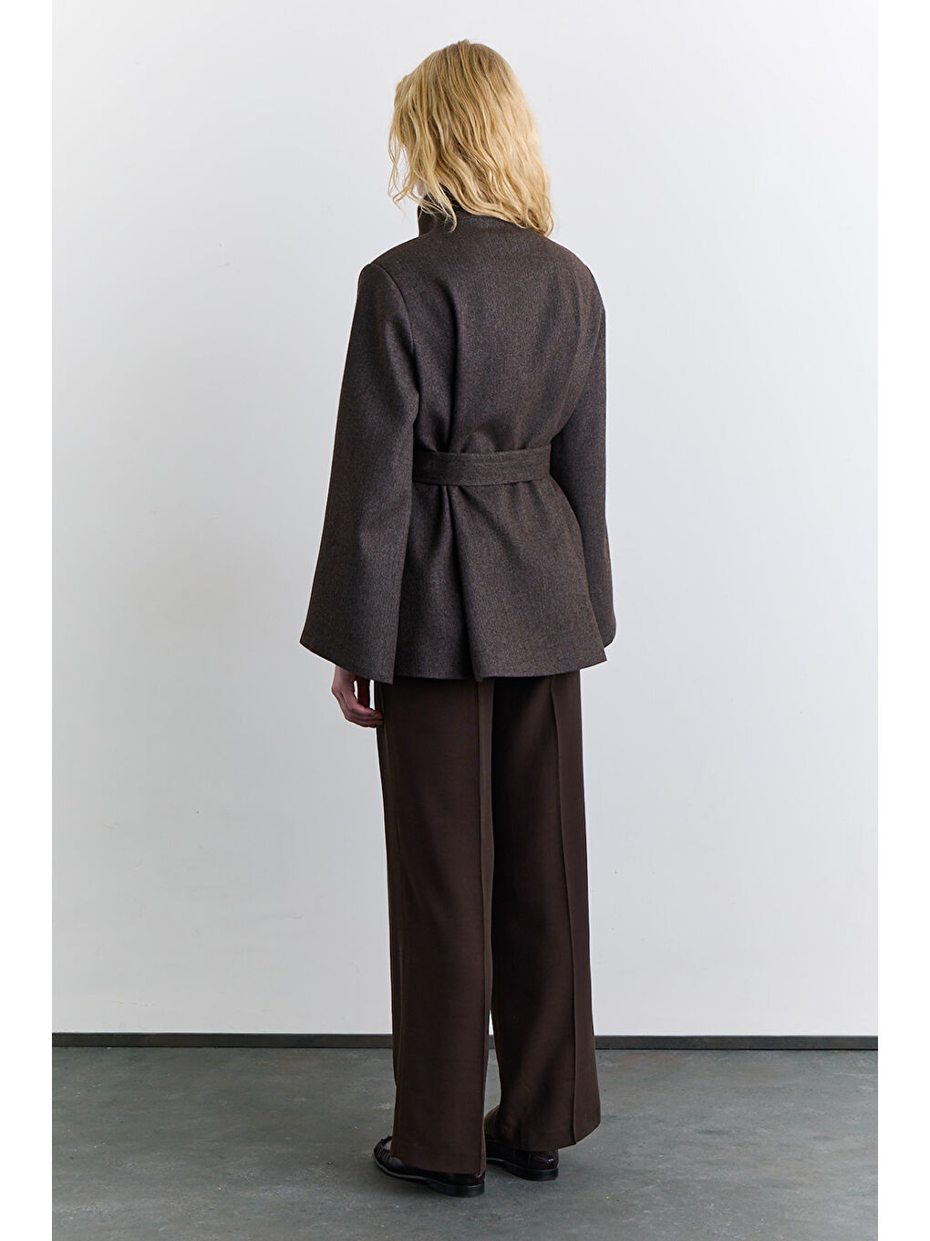 Bej Geniş Kol Kuşaklı Ceket Vizon-5