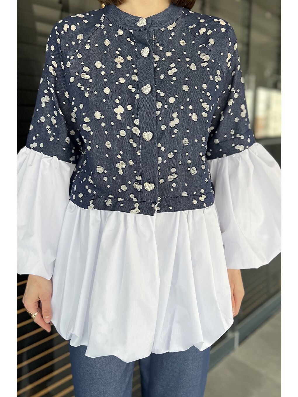 Lacivert Balon Kol Garnili Taşlanmış Tunik Pantolon Jeans İkili Takım-3