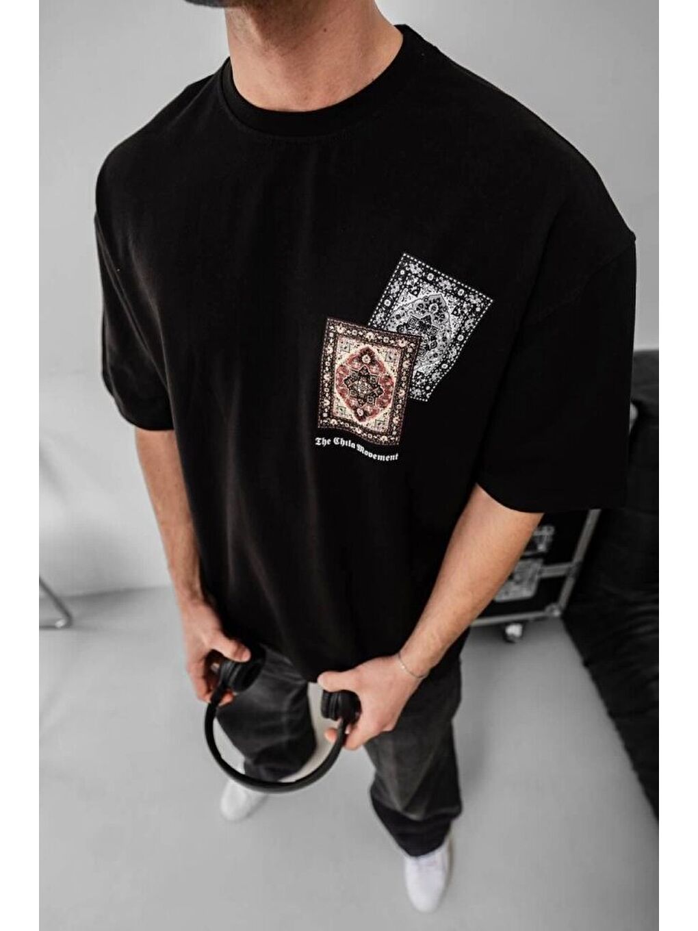 Erkek Baskılı Oversize T-shirt - Siyah-1