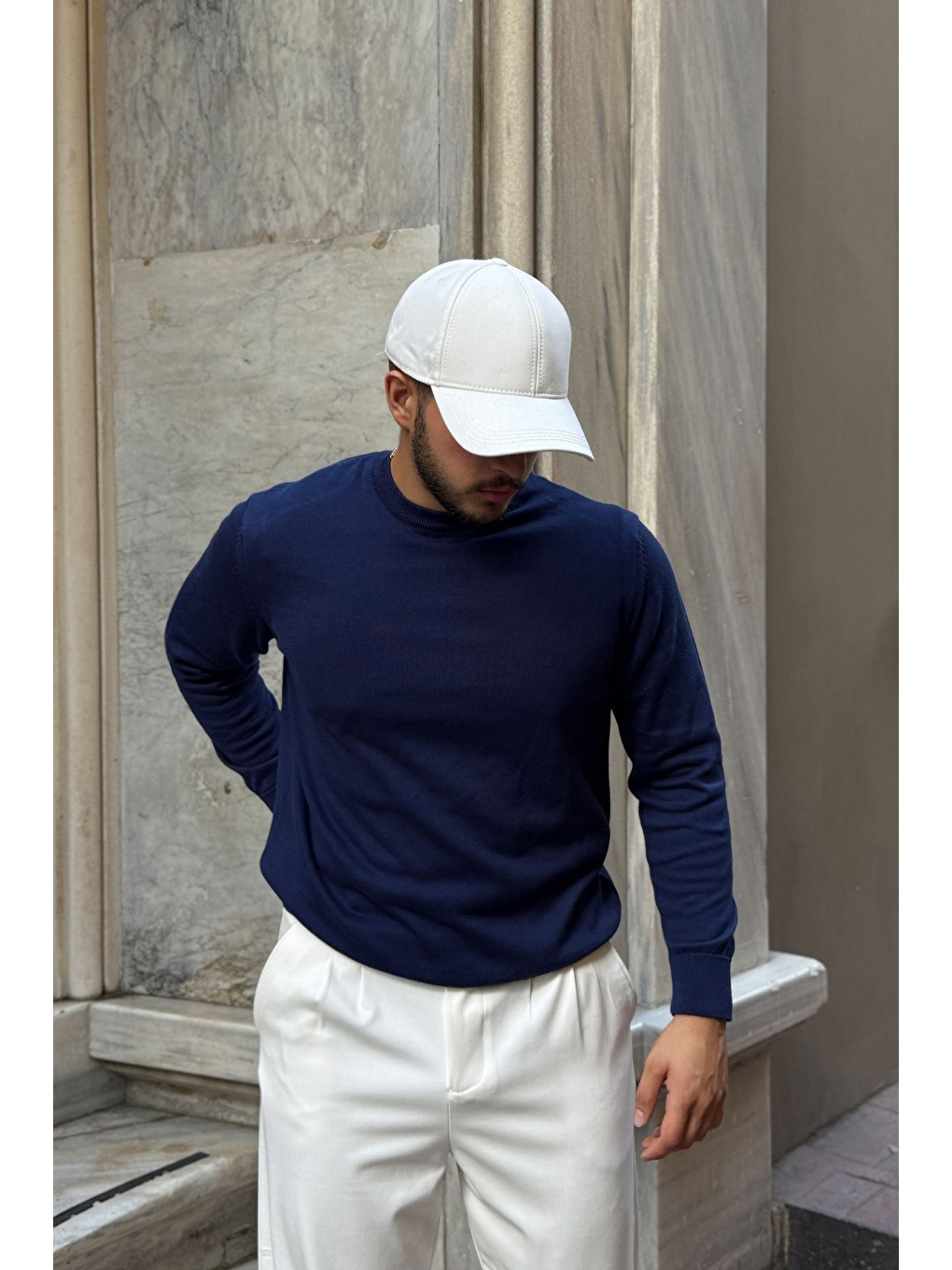 Lacivert Acton Erkek %100 Organik Pamuk Bisiklet Yaka Triko Kazak-3