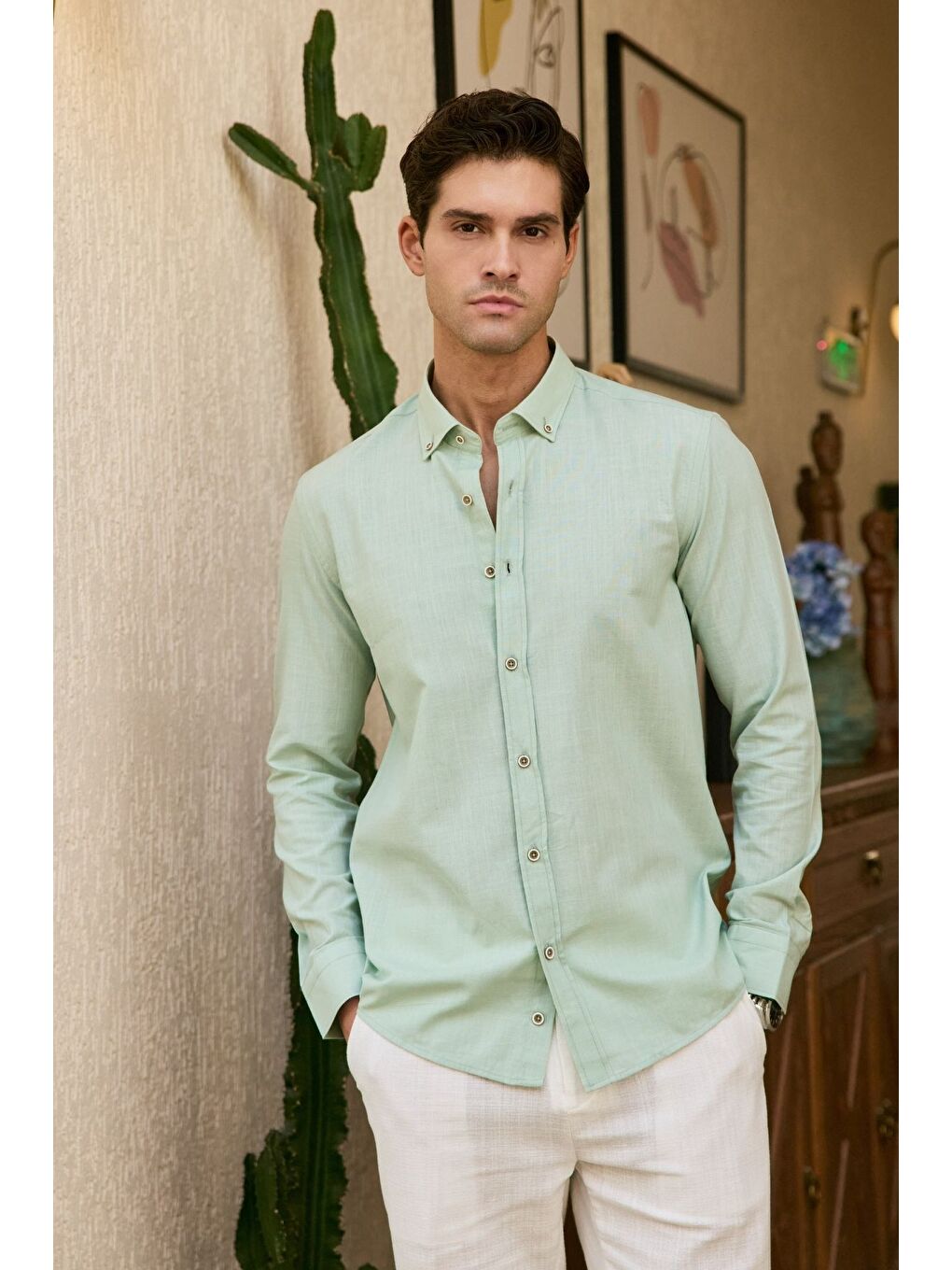Yeşil Turi Erkek Pamuk Gömlek Modern Slim Fit Keten Görünümlü Uzun Kol