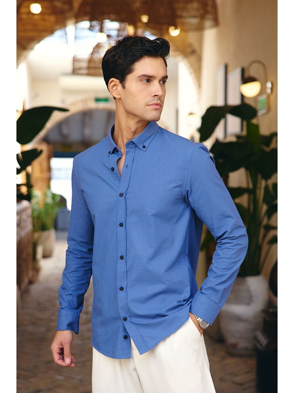 Mavi Turi Erkek Pamuk Gömlek Modern Slim Fit Keten Görünümlü Uzun Kol-5