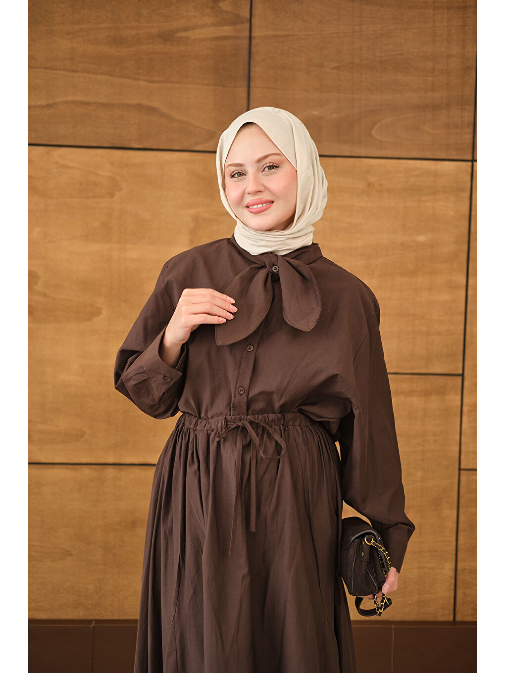 Kadın Fular Yaka Gömlekli Takım Kahverengi-1