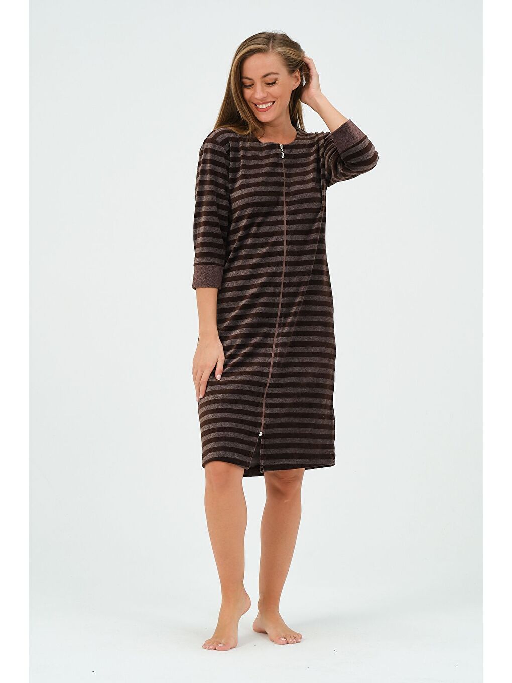 Kahverengi Kadın Lacivert Çizgili Fermuarlı Cepli Kadife Elbise