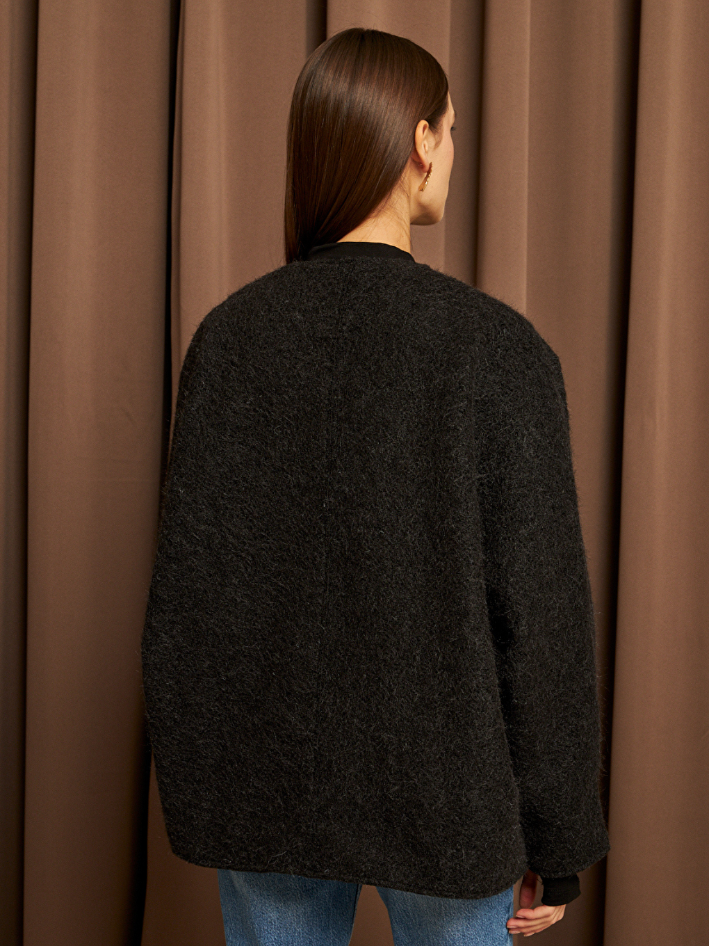 Kadın Siyah Bağcık Detaylı İthal Kaşe Ceket-6