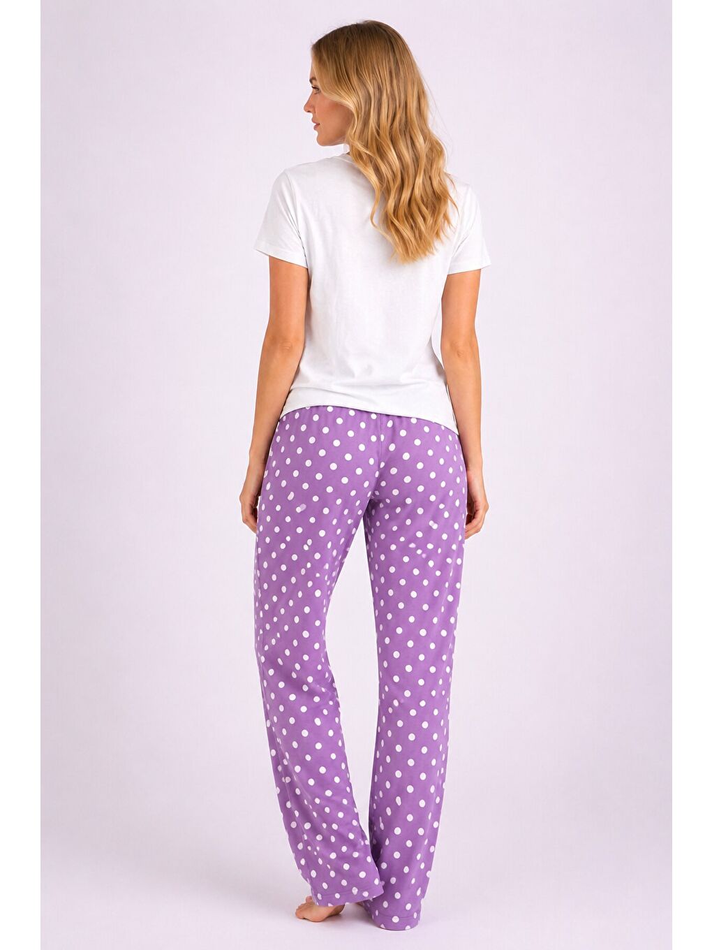 Beyaz Love You More Baskılı Lila Puantiyeli Pijama Takımı-1