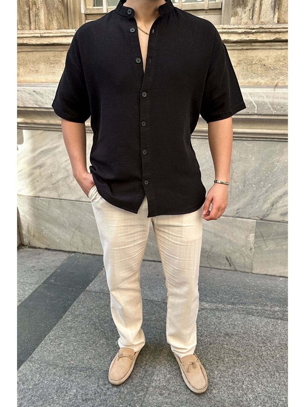Siyah Mingan Erkek Yazlık Pamuk Gömlek Hakim Yaka kısa kol Düğmeli Rahat Kalıp-2