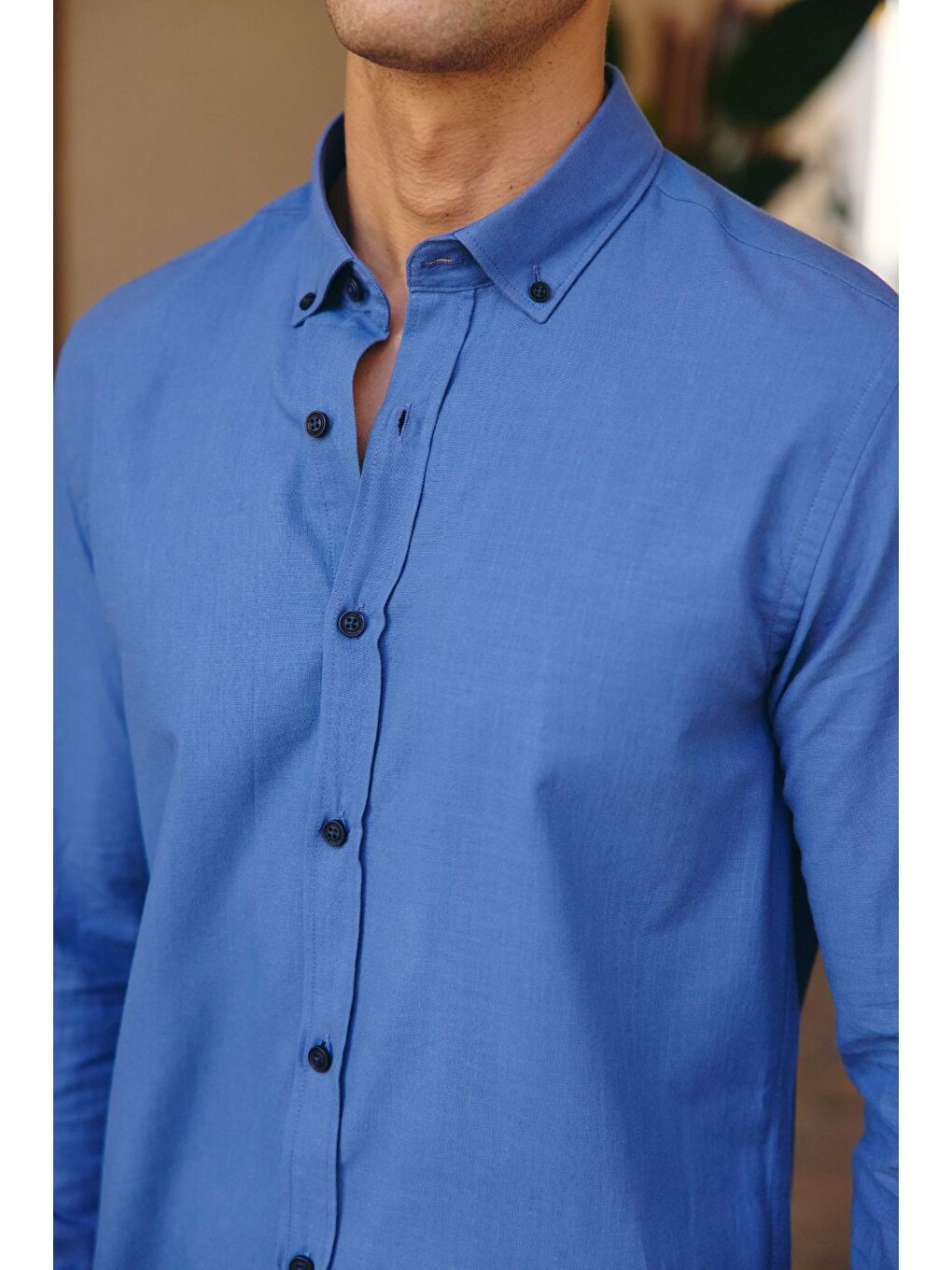 Mavi Turi Erkek Pamuk Gömlek Modern Slim Fit Keten Görünümlü Uzun Kol-6