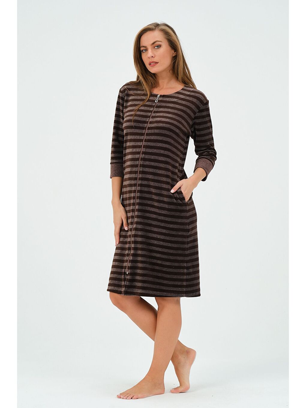 Kahverengi Kadın Lacivert Çizgili Fermuarlı Cepli Kadife Elbise-1