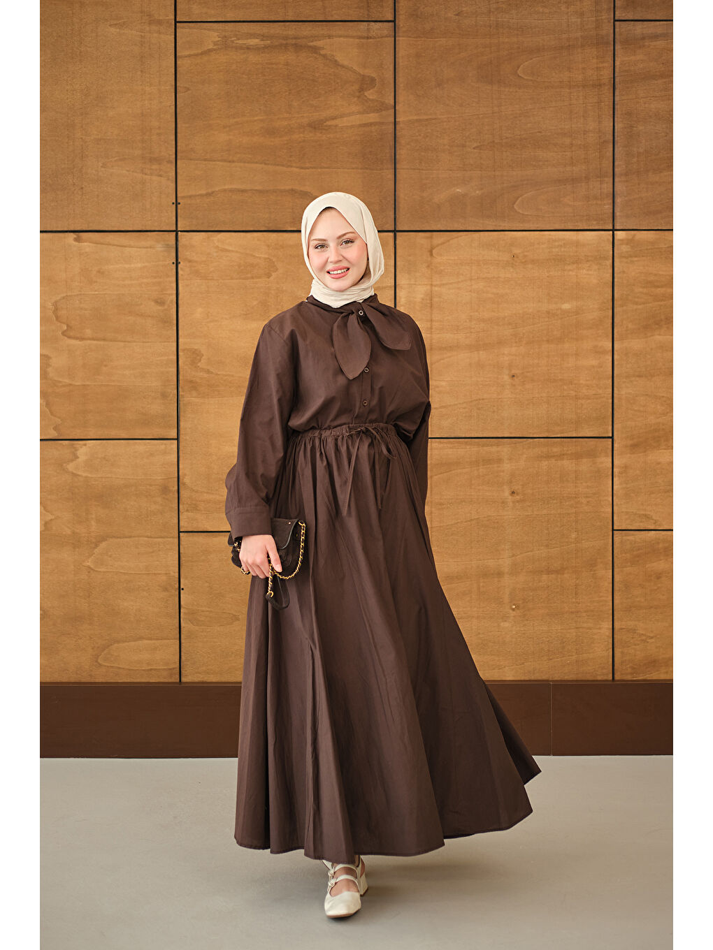 Kadın Fular Yaka Gömlekli Takım Kahverengi-2