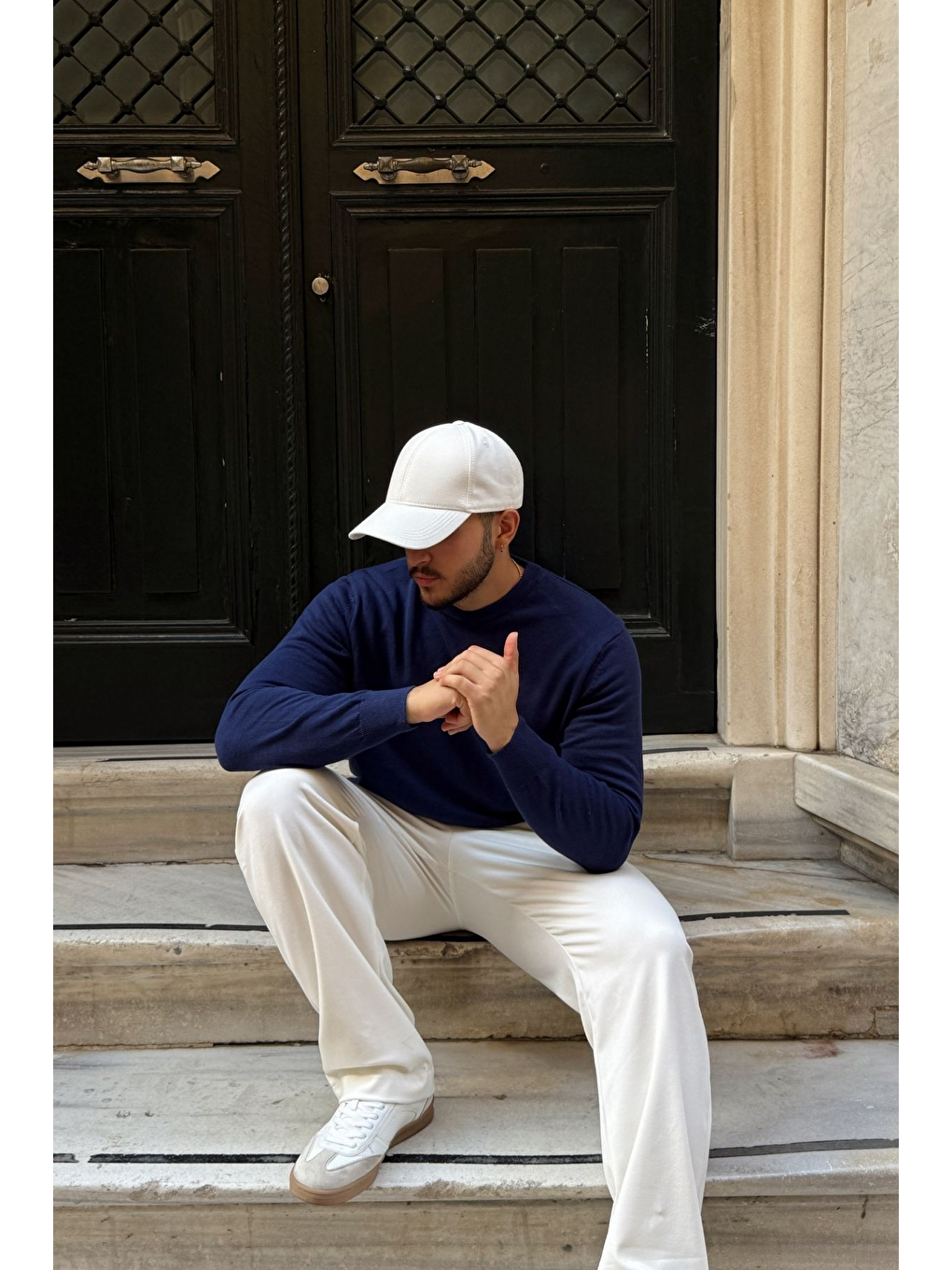 Lacivert Acton Erkek %100 Organik Pamuk Bisiklet Yaka Triko Kazak-4