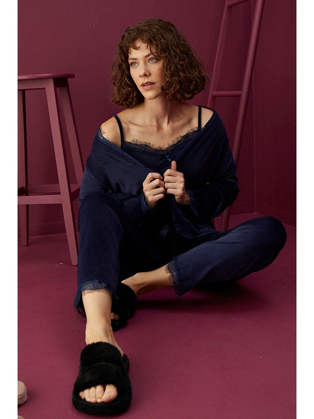 Lacivert Kadife 3'Lü Sabahlık Pijama Takım 4051-3